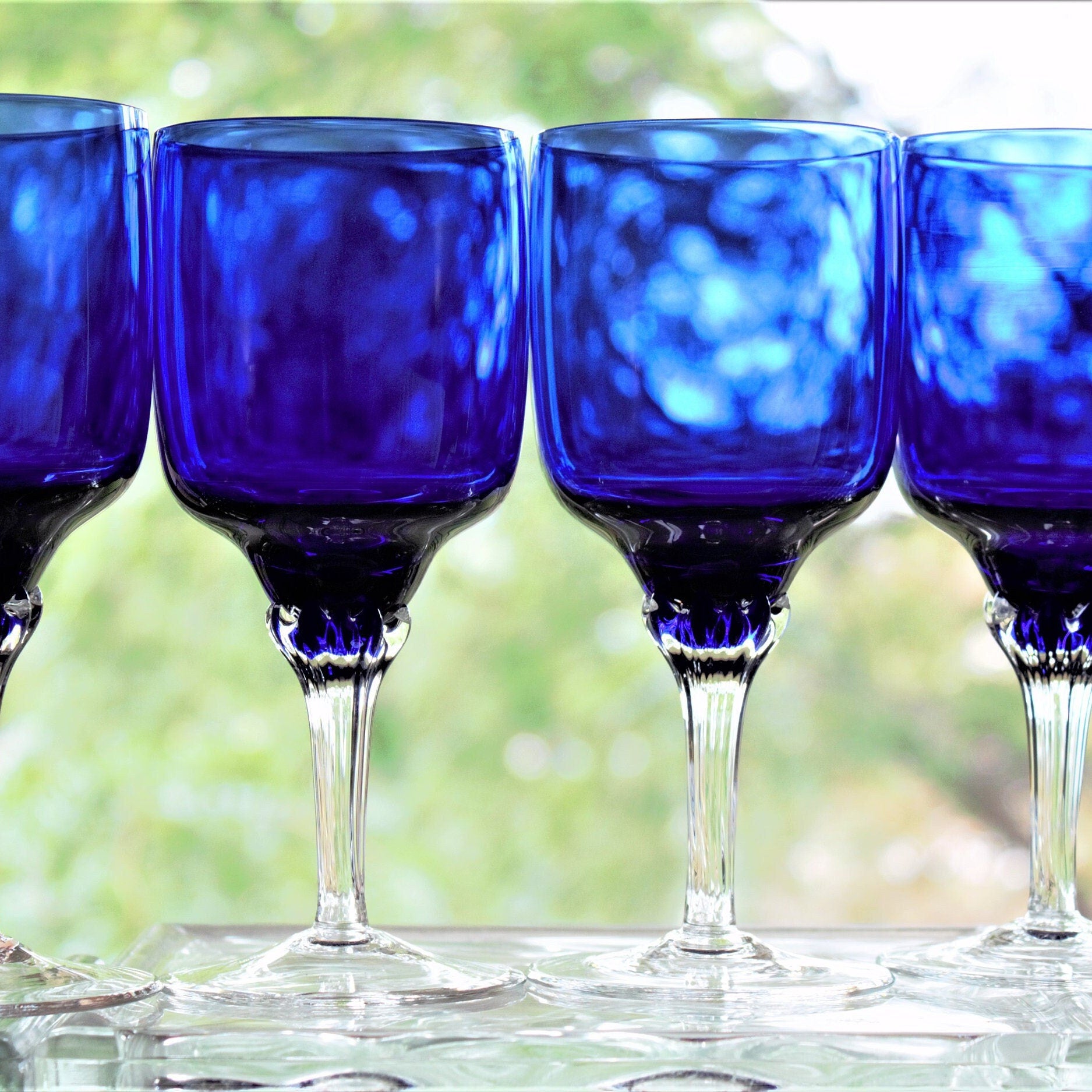Vintage Cobalt Blue Wine Glasses - Set of 4 Handmade Stemware