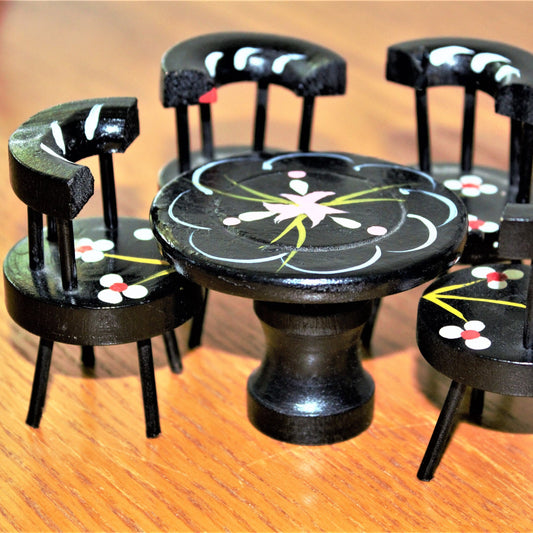 Hand-Painted Dollhouse Dining Set: Miniature Table & Chairs, Floral Boho Style