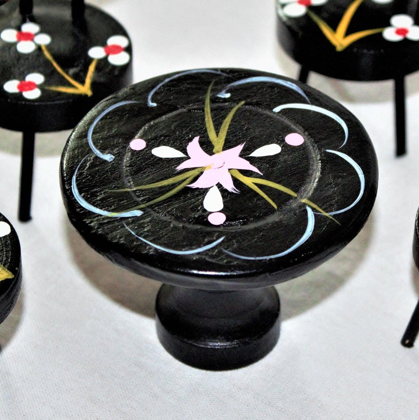 Hand-Painted Dollhouse Dining Set: Miniature Table & Chairs, Floral Boho Style