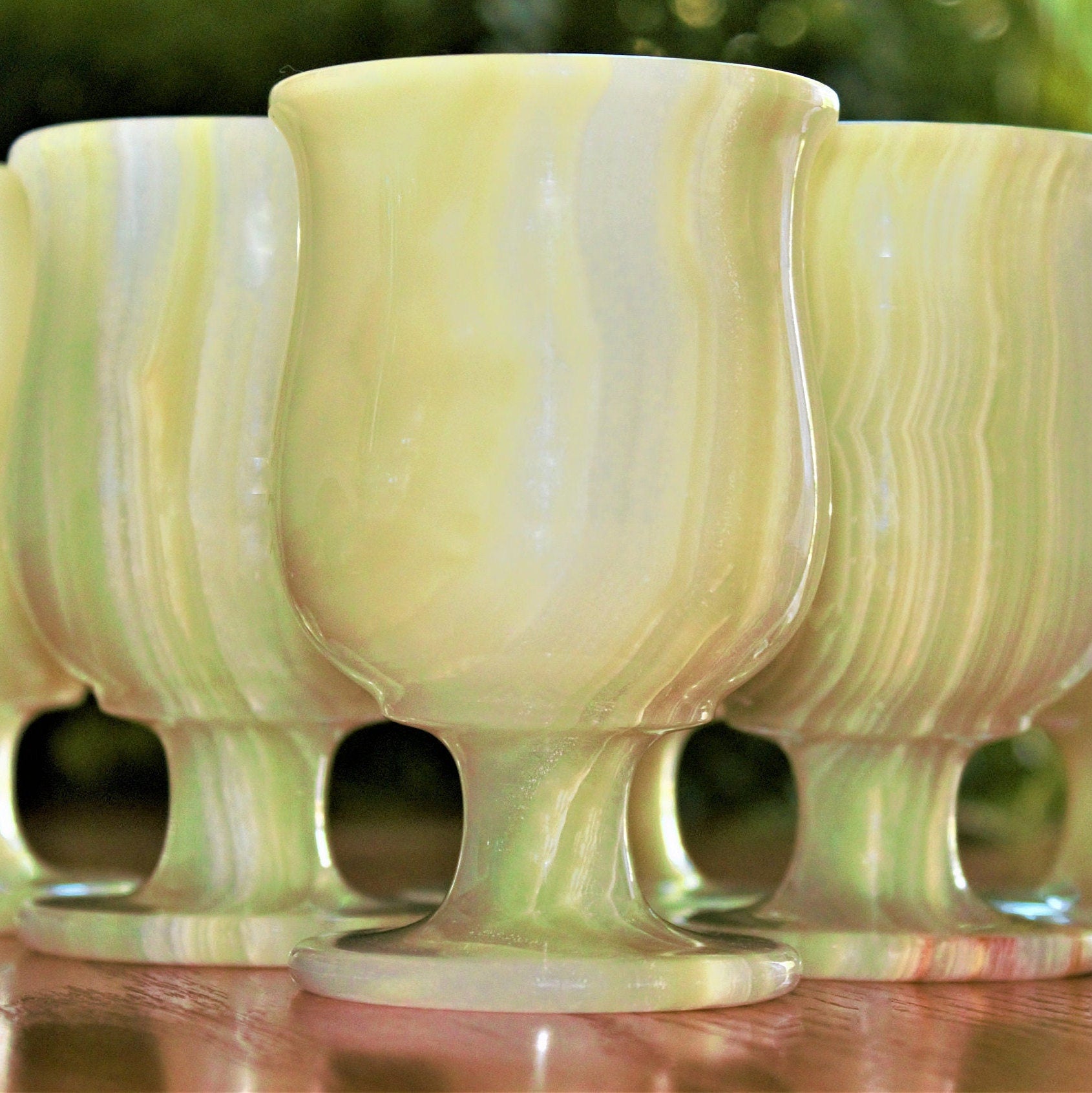 Handmade Green Onyx Marble Wine Goblet Set - 6 Stone Cups