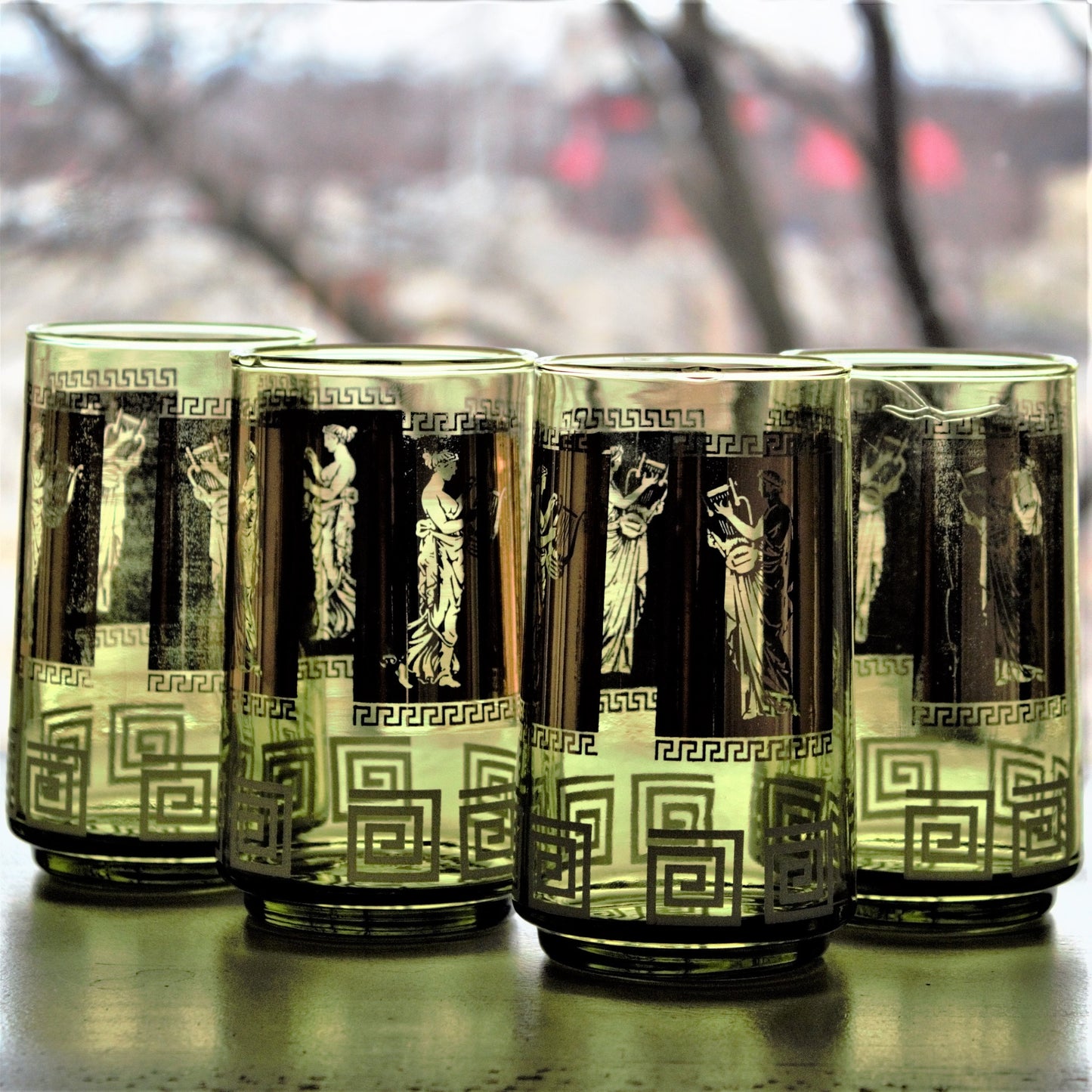 Vintage Green & Gold Tumblers, Greek Goddess Design, Set of 4