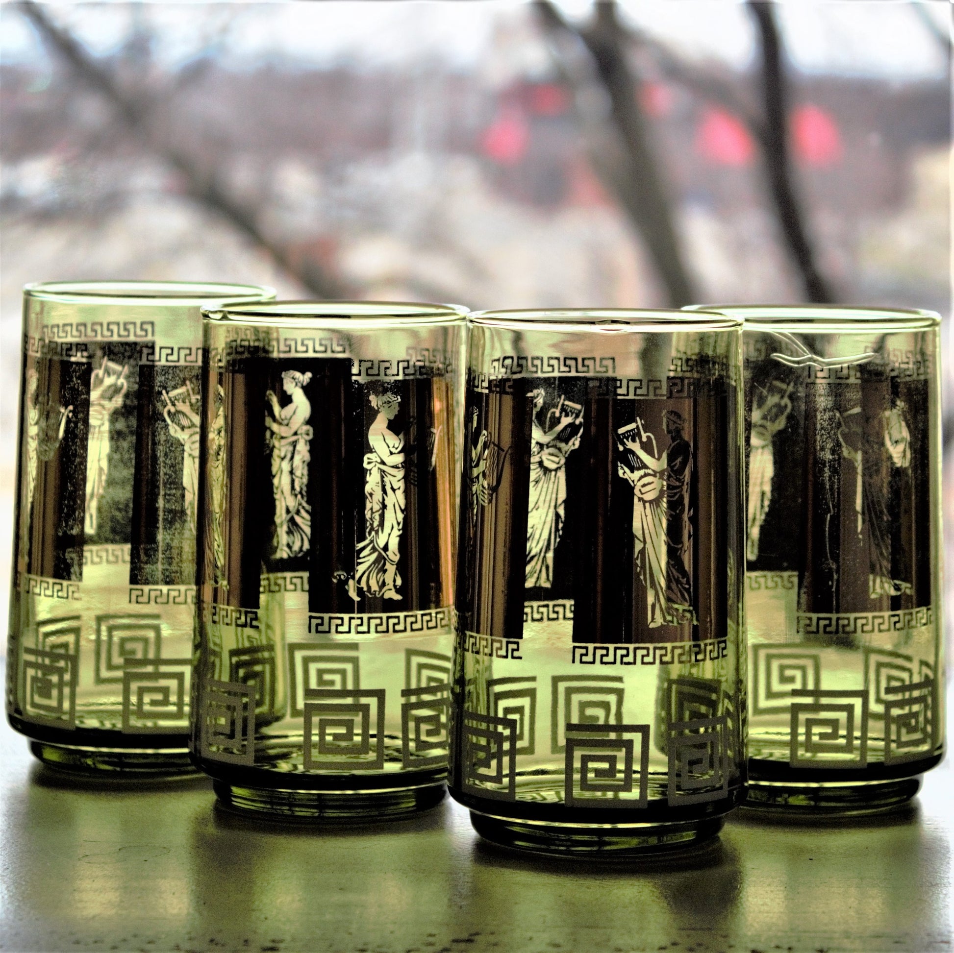 Vintage Green & Gold Tumblers, Greek Goddess Design, Set of 4
