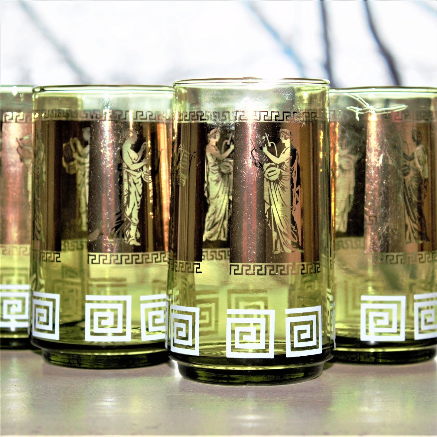 Vintage Green & Gold Tumblers, Greek Goddess Design, Set of 4