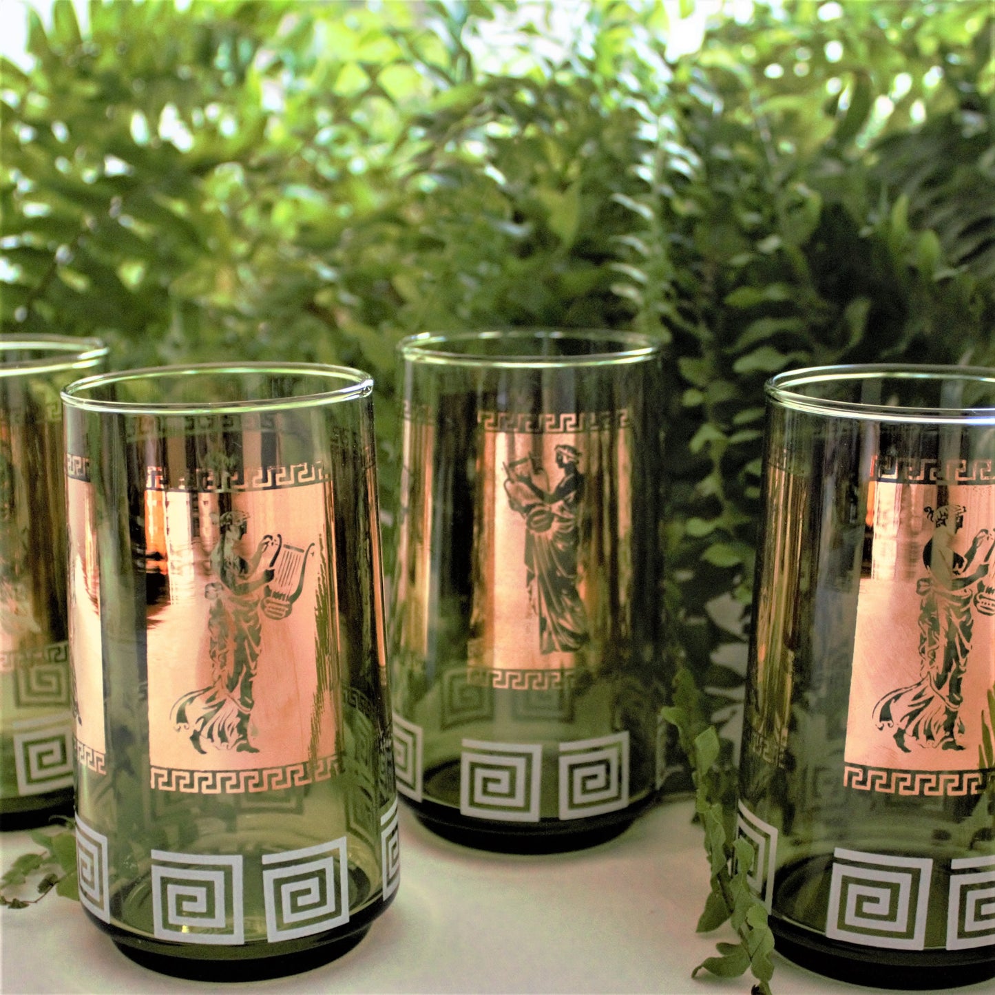 Vintage Green & Gold Tumblers, Greek Goddess Design, Set of 4