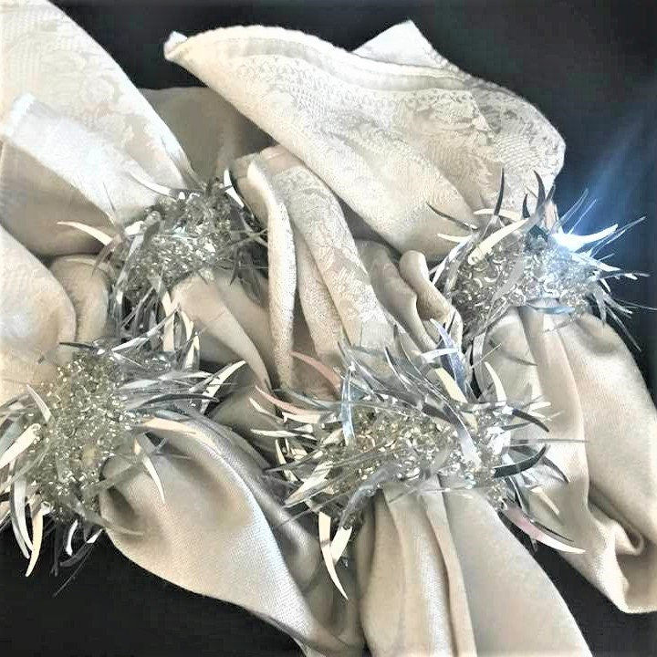 Vintage Silver Beaded Napkin Rings: Glittery Table Decor, Set of 4