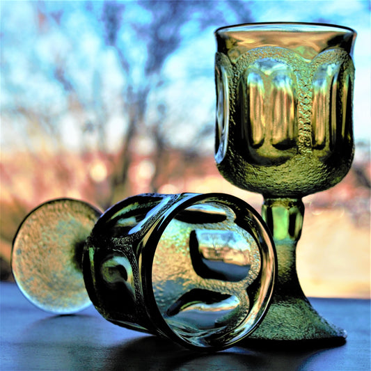 Vintage Fostoria Woodland Green Goblets: Set of 2 Stippled Wine Glasses