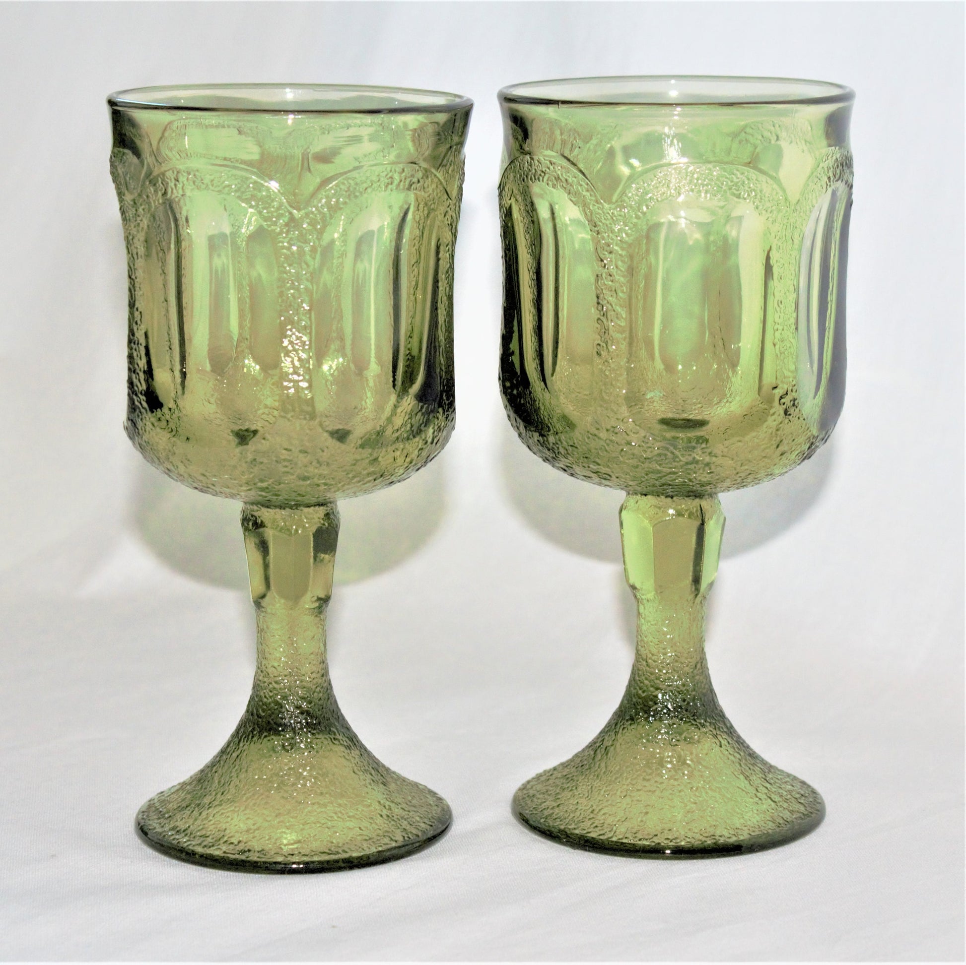 Vintage Fostoria Woodland Green Goblets: Set of 2 Stippled Wine Glasses