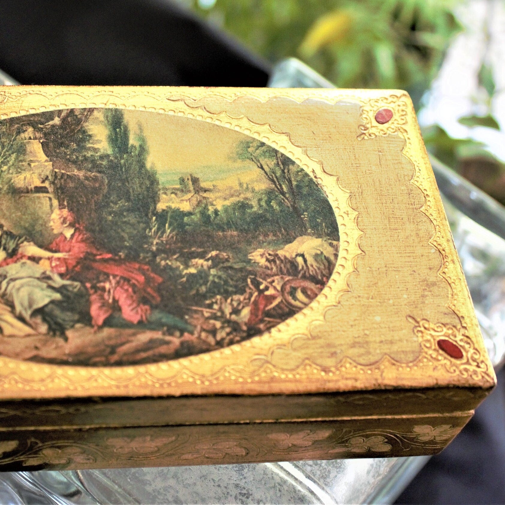 Vintage Florentine Jewelry Box: Hand Painted Italian Gilt Wood Trinket