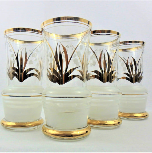 Vintage Frosted Gold Tumblers - Embossed Cocktail Glasses, Set of 4