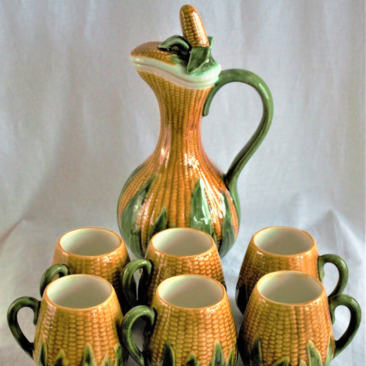 Vintage Majolica Corn Coffee Set: 8-Piece Ceramic Decanter & Cups