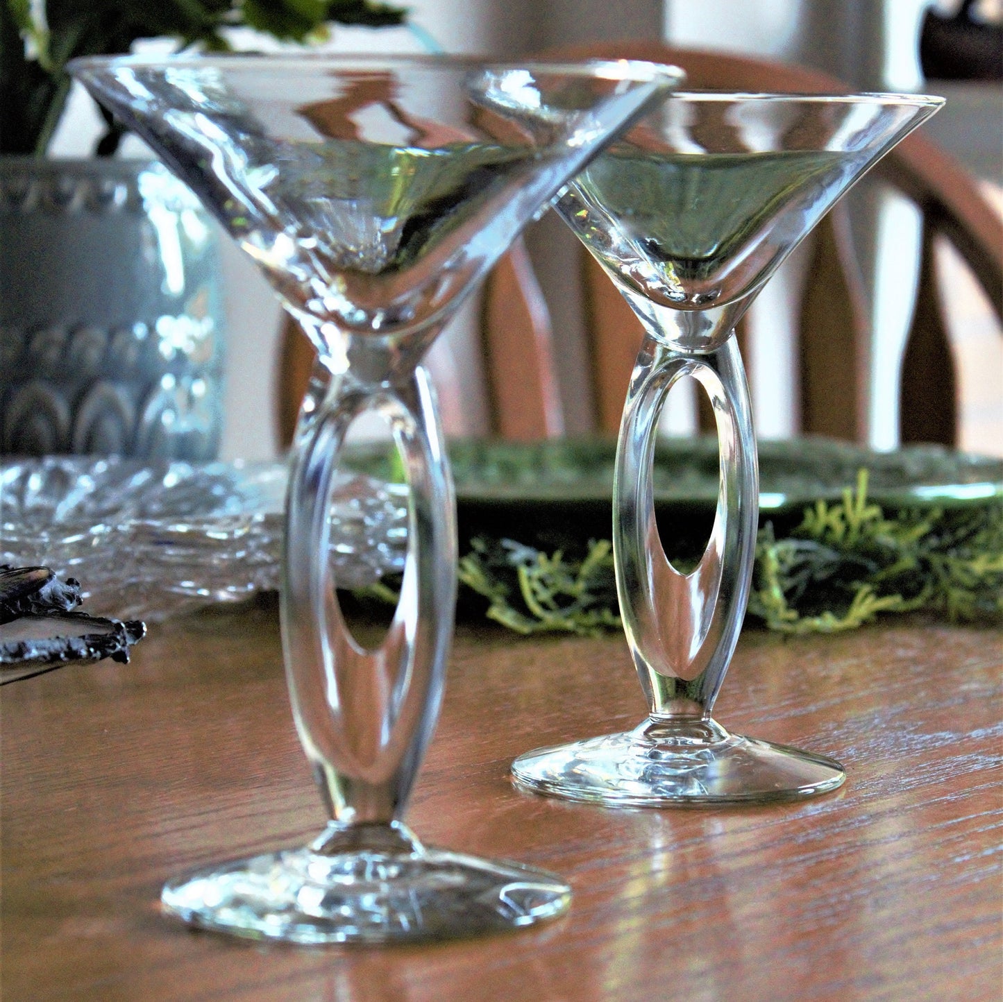 Clear Martini Glasses with Cut Out Stem: Unique Cocktail Set of 3, rare stemware