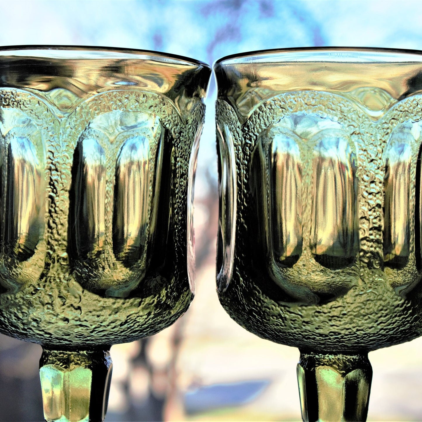 Vintage Fostoria Woodland Green Goblets: Set of 2 Stippled Wine Glasses