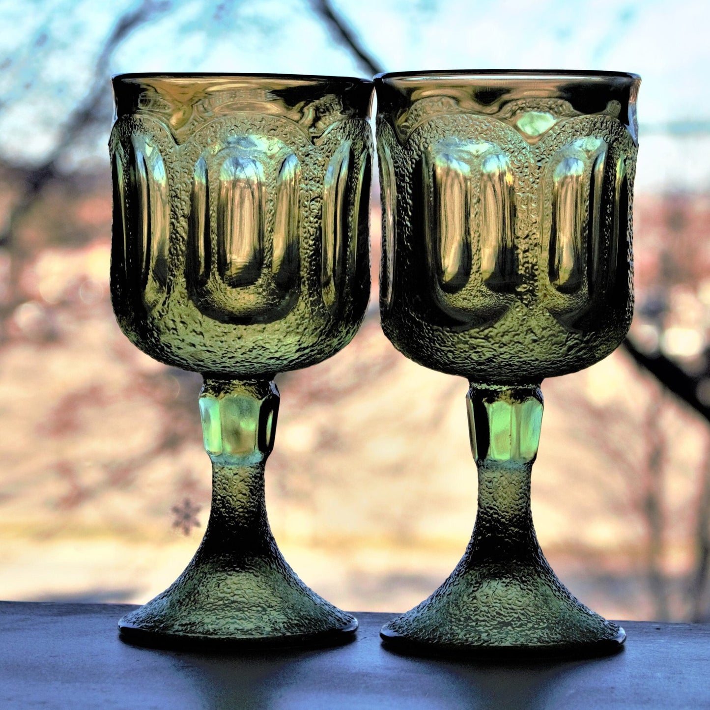 Vintage Fostoria Woodland Green Goblets: Set of 2 Stippled Wine Glasses