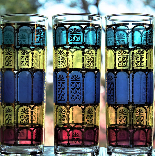 Vintage Stained Glass Cocktail Glasses: Colorful Retro Tumblers, 3-Piece Set