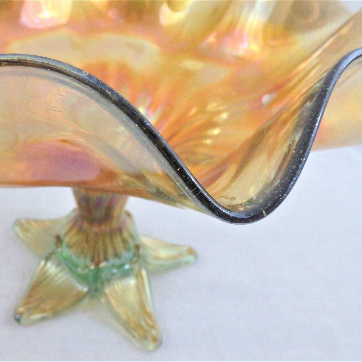 Hand Blown Iridescent Gold Footed Bowl: RARE Centerpiece, scalloped edge