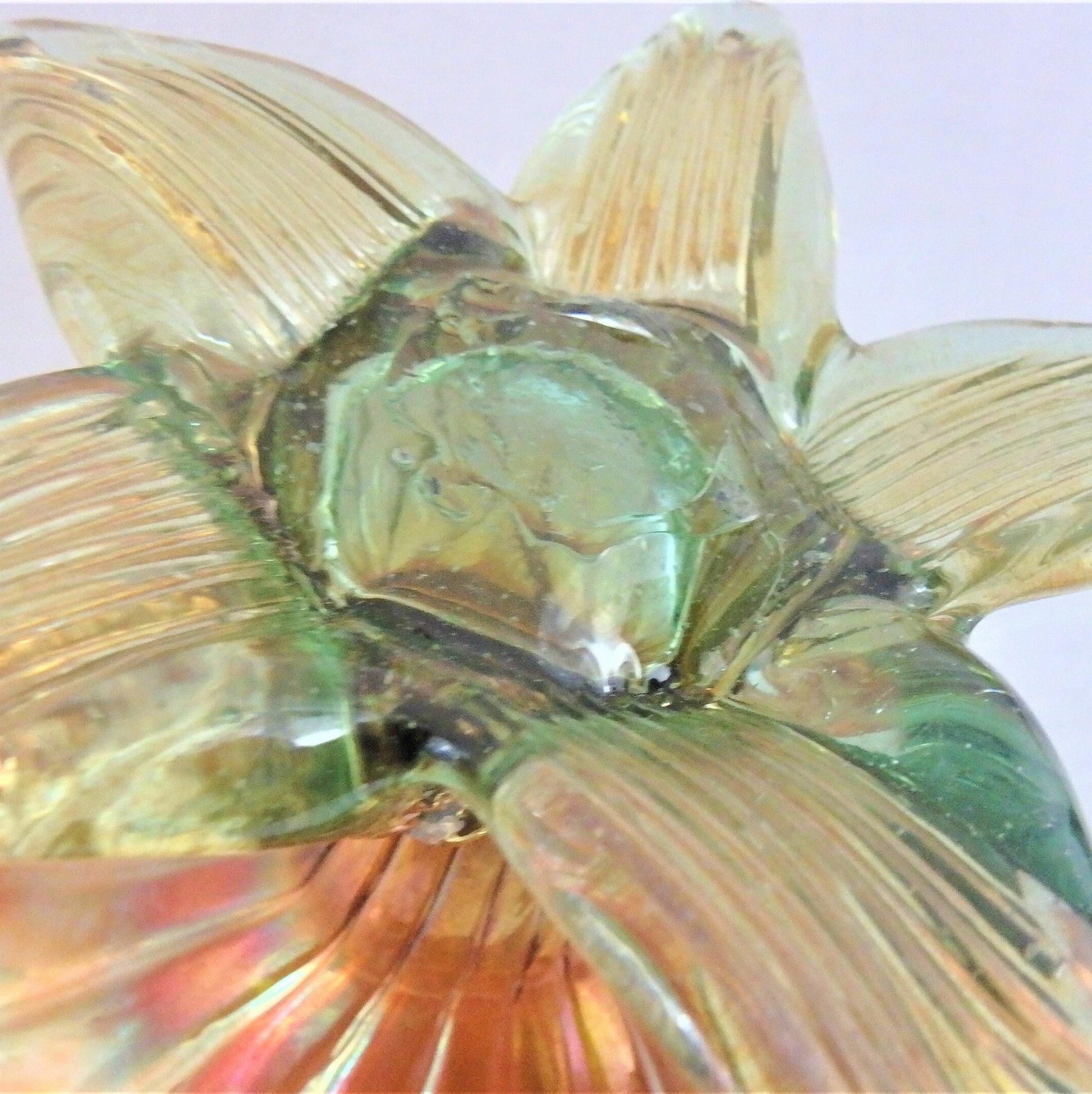 Hand Blown Iridescent Gold Footed Bowl: RARE Centerpiece, scalloped edge