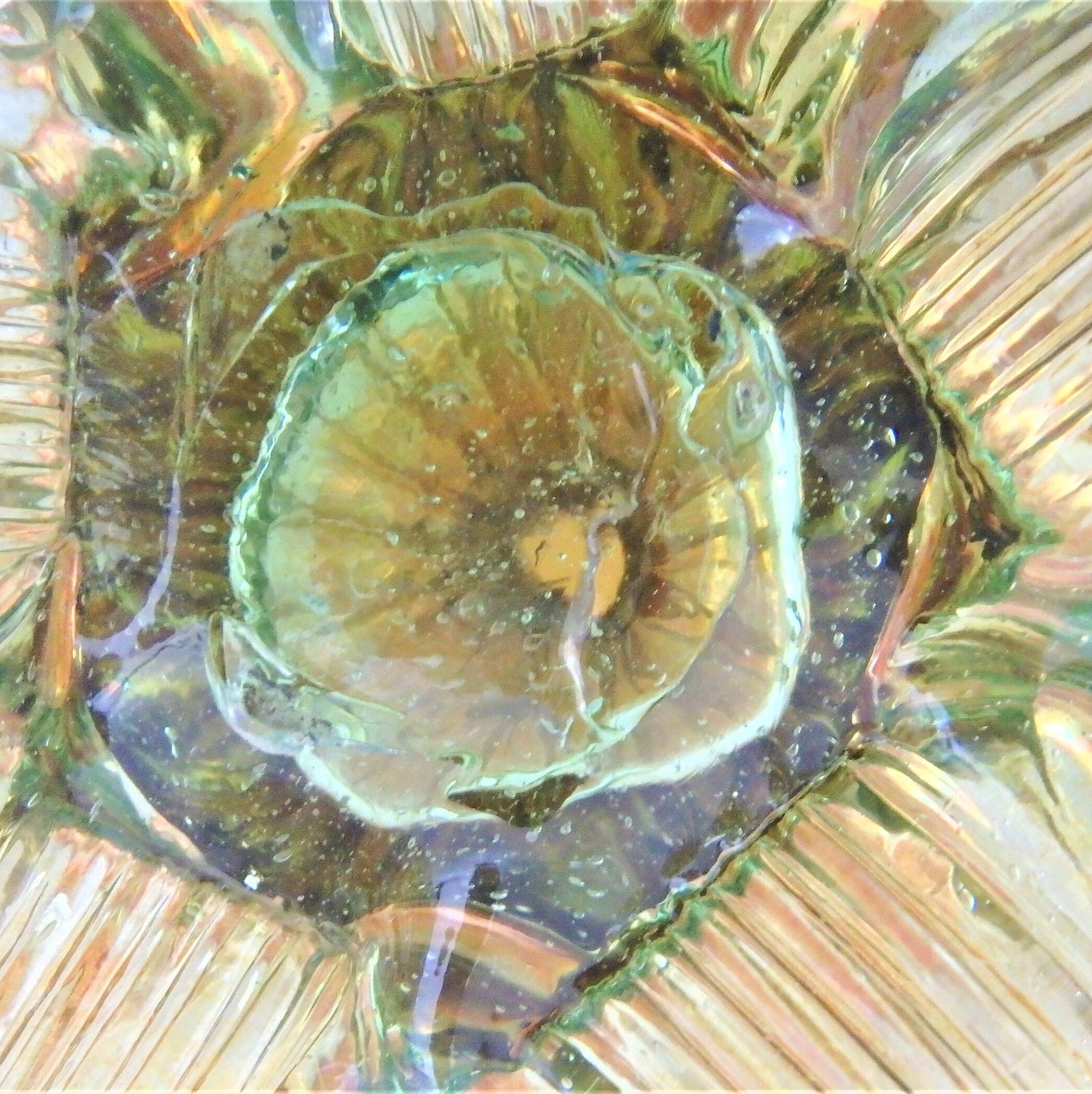 Hand Blown Iridescent Gold Footed Bowl: RARE Centerpiece, scalloped edge