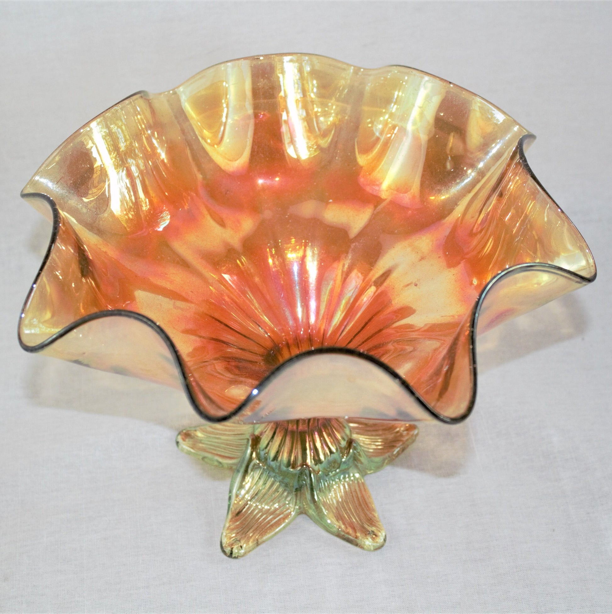 Hand Blown Iridescent Gold Footed Bowl: RARE Centerpiece, scalloped edge