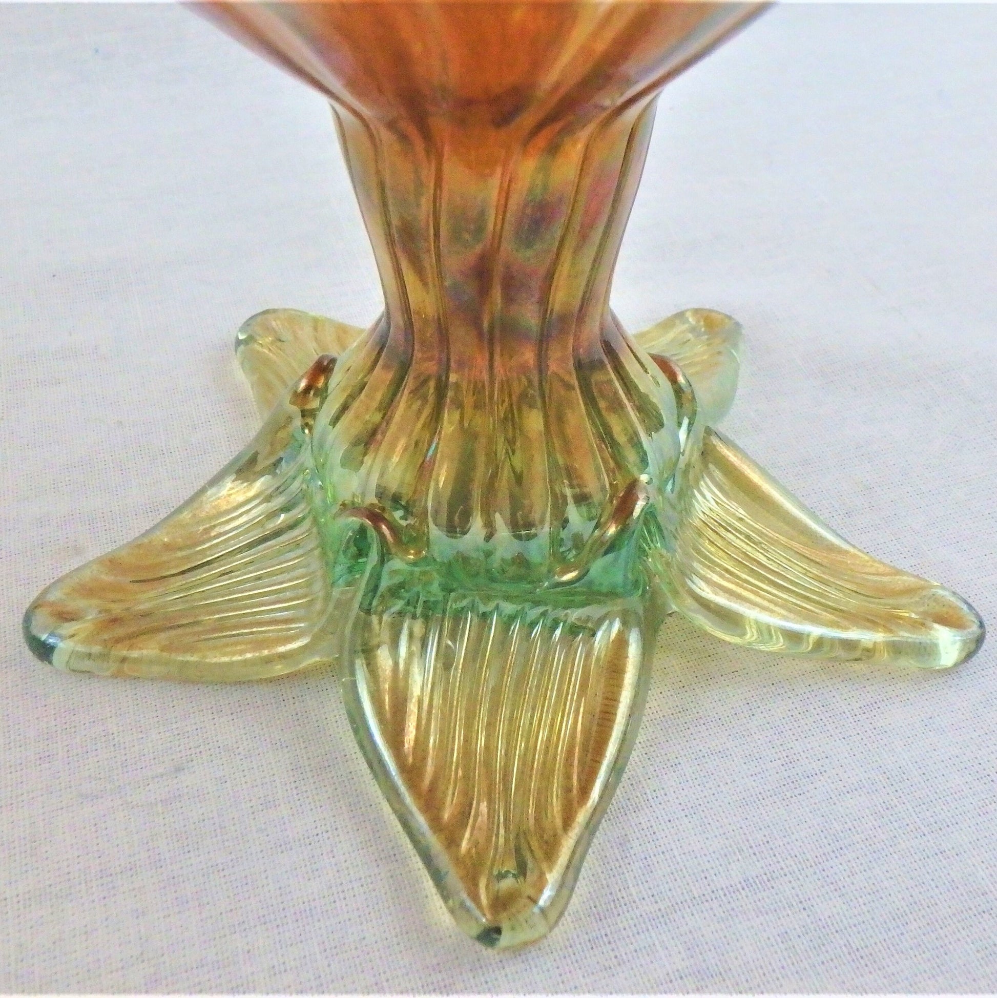 Hand Blown Iridescent Gold Footed Bowl: RARE Centerpiece, scalloped edge