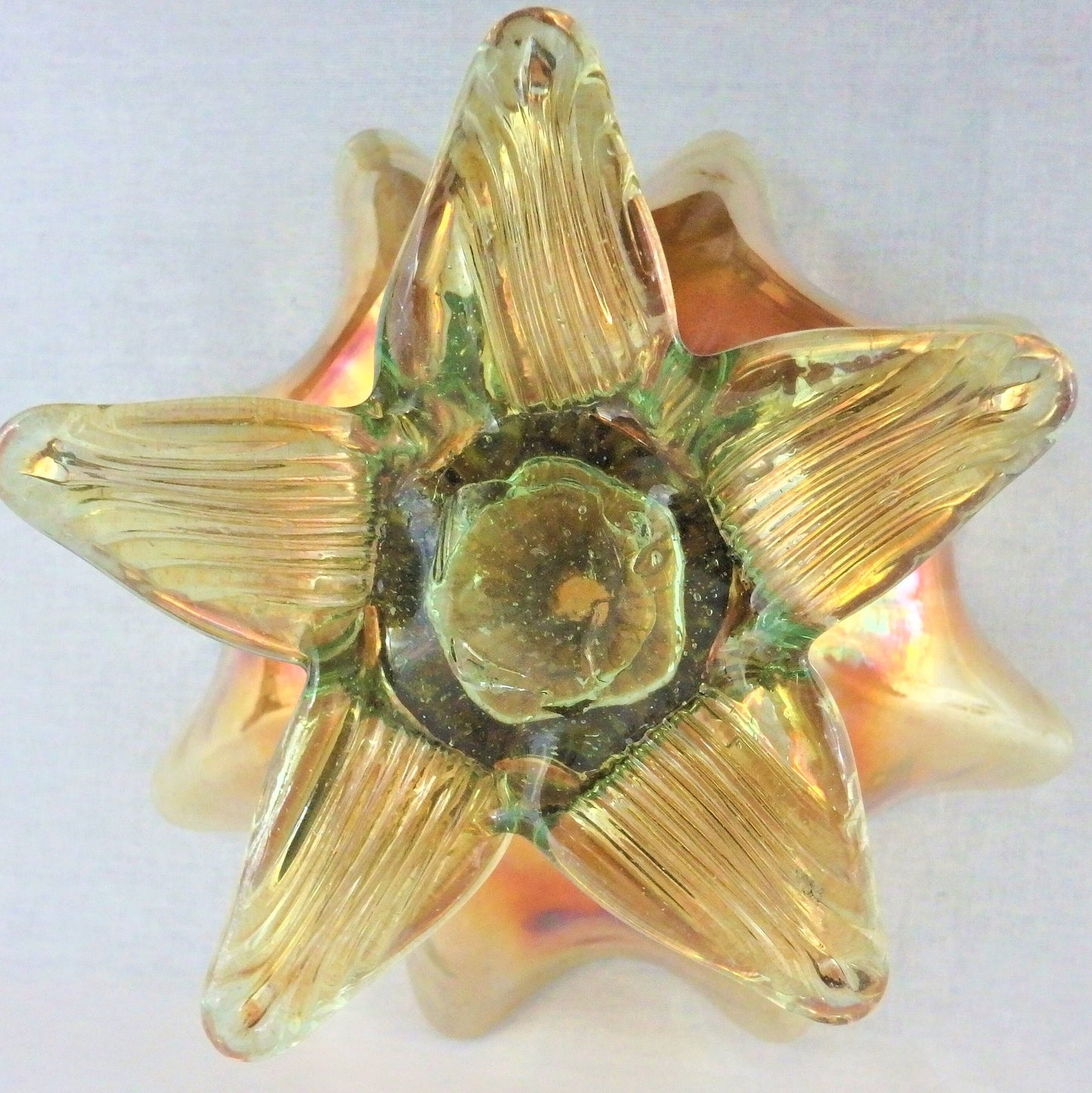 Hand Blown Iridescent Gold Footed Bowl: RARE Centerpiece, scalloped edge