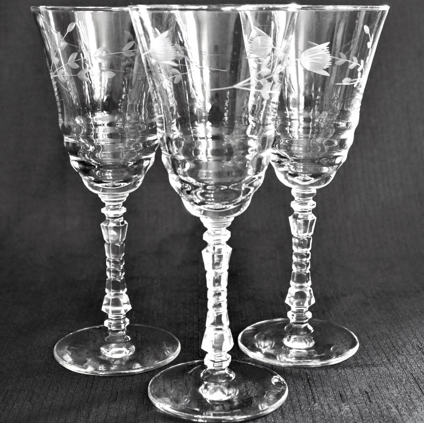 Antique Etched Wine Glass Set: 1930s Stemware, Geometric Stems (Set of 4)