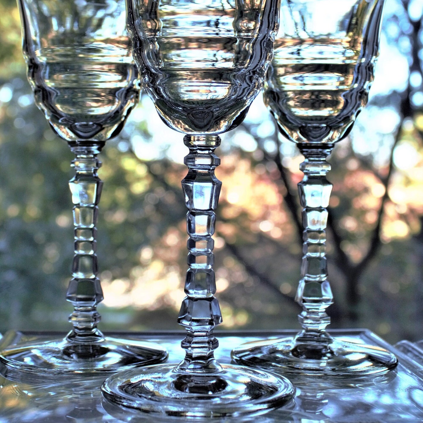 Antique Etched Wine Glass Set: 1930s Stemware, Geometric Stems (Set of 4)