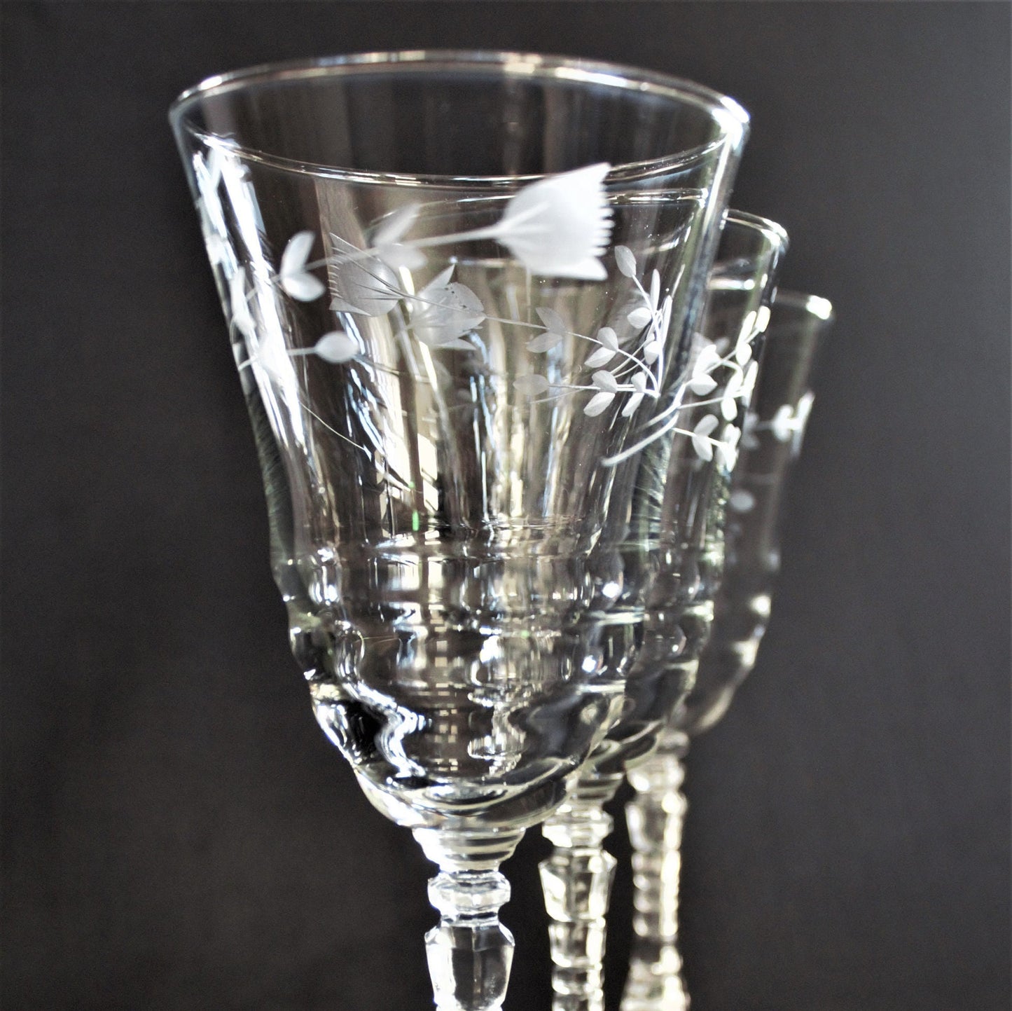 Antique Etched Wine Glass Set: 1930s Stemware, Geometric Stems (Set of 4)