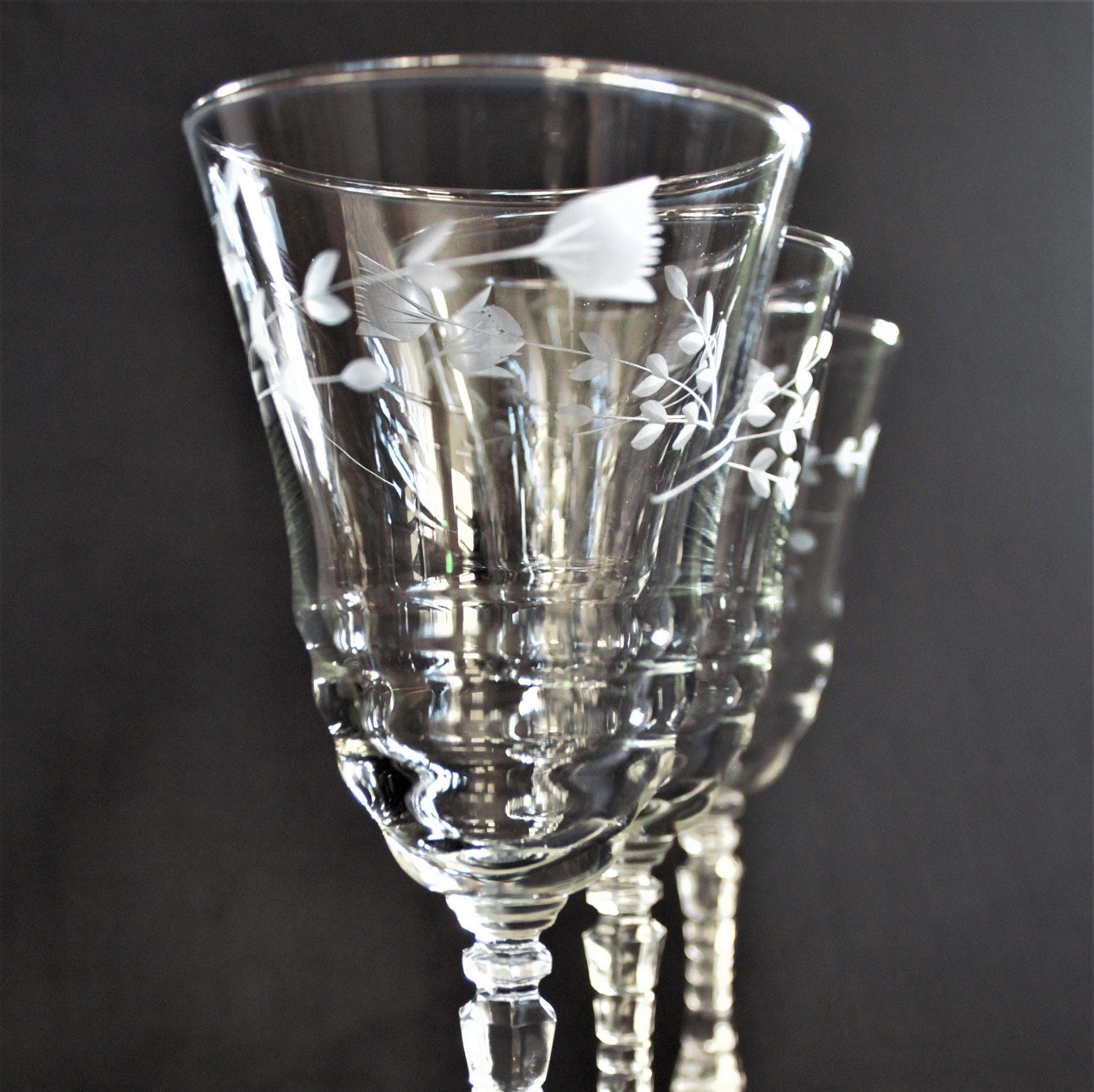 Antique Etched Wine Glass Set: 1930s Stemware, Geometric Stems (Set of 4)