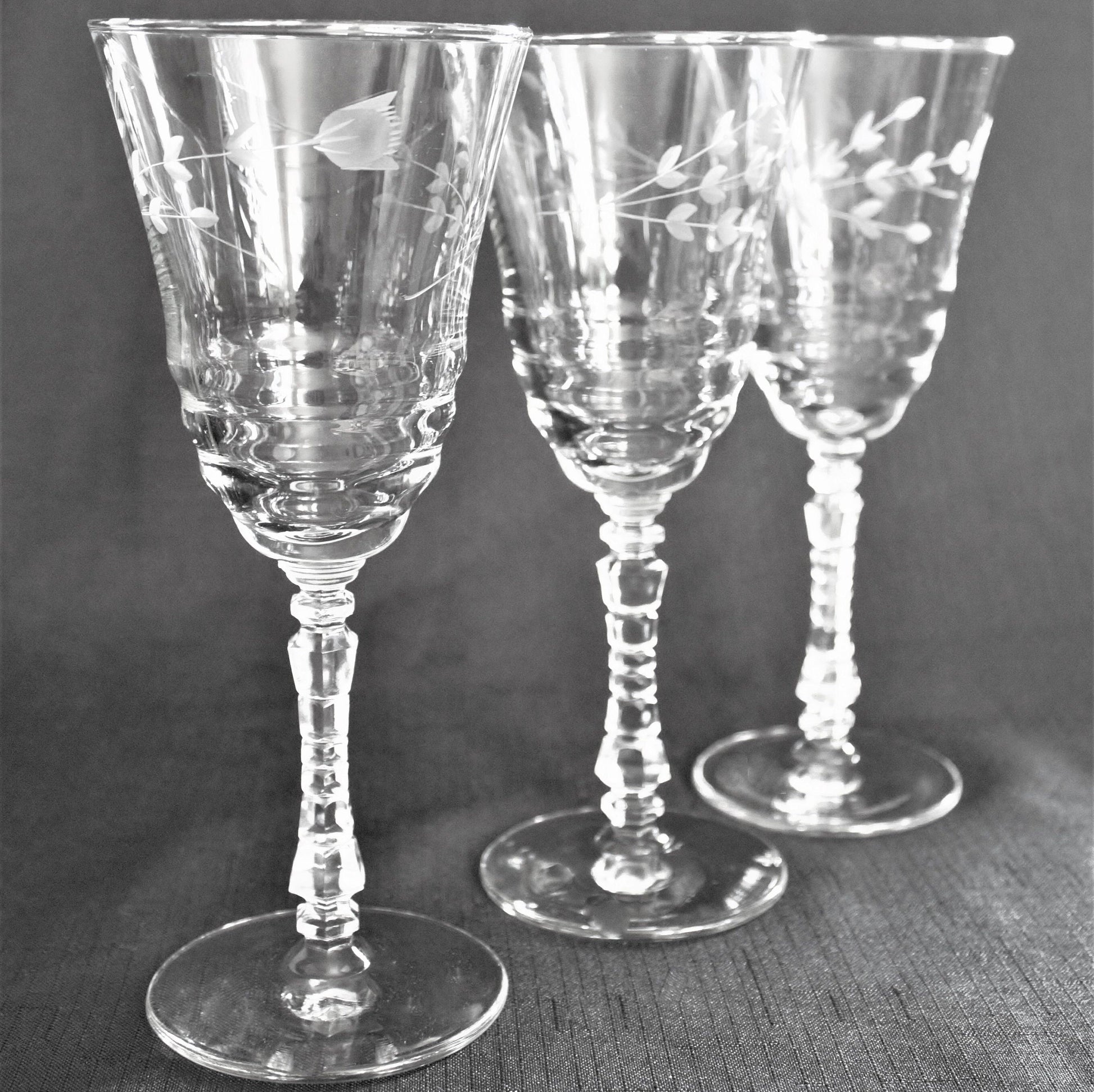 Antique Etched Wine Glass Set: 1930s Stemware, Geometric Stems (Set of 4)