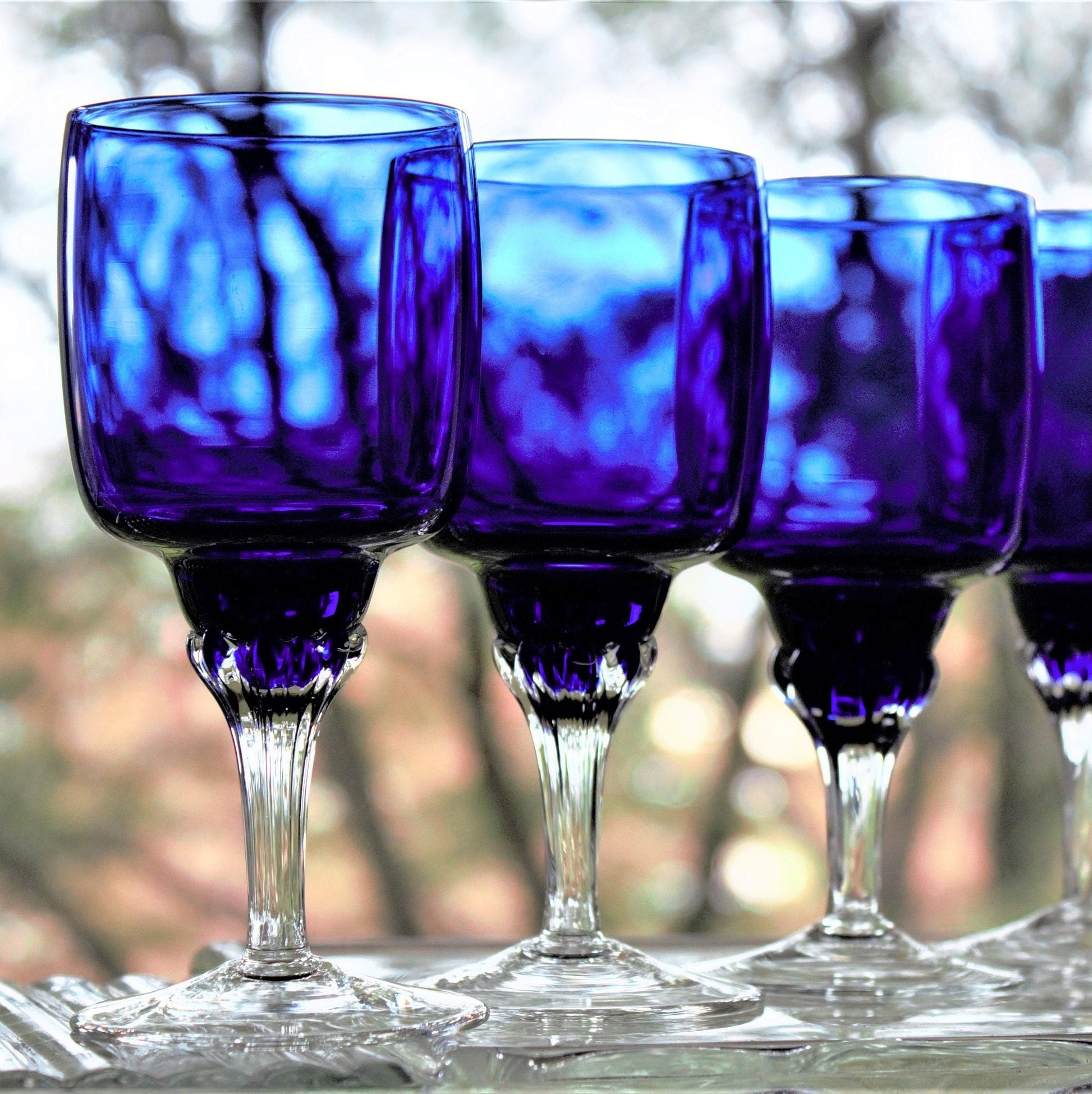 Vintage Cobalt Blue Wine Glasses - Set of 4 Handmade Stemware