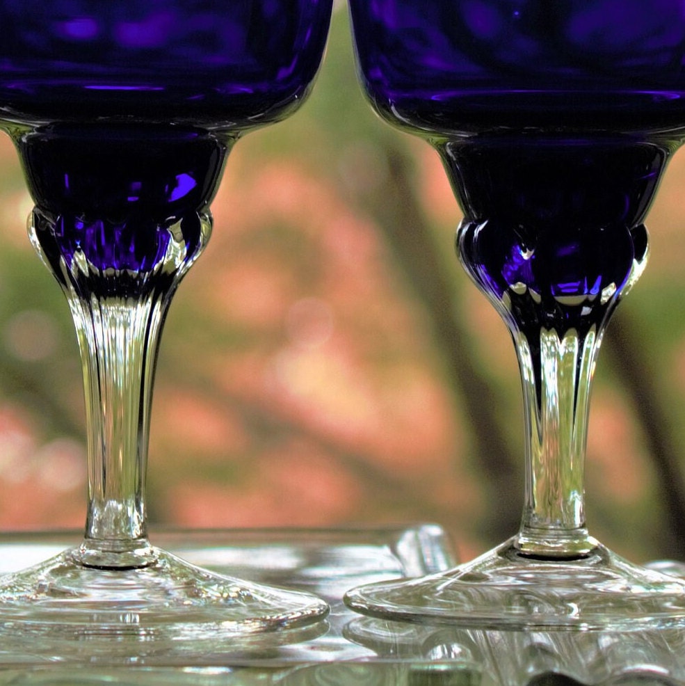 Vintage Cobalt Blue Wine Glasses - Set of 4 Handmade Stemware