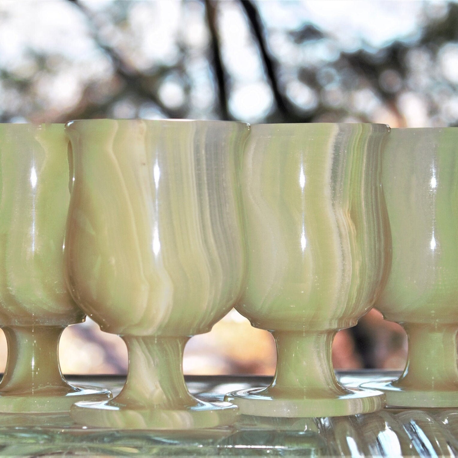 Handmade Green Onyx Marble Wine Goblet Set - 6 Stone Cups