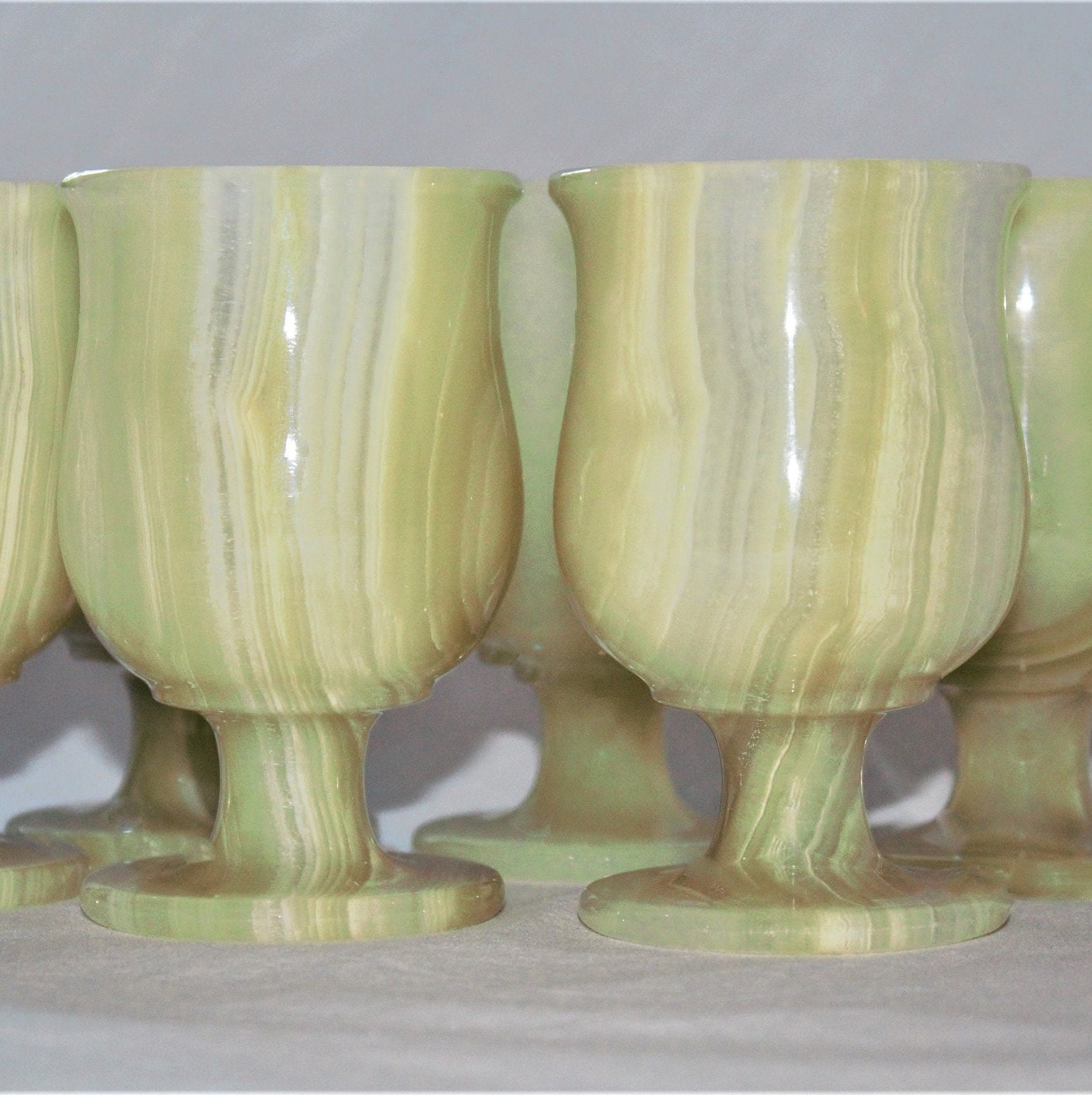Handmade Green Onyx Marble Wine Goblet Set - 6 Stone Cups