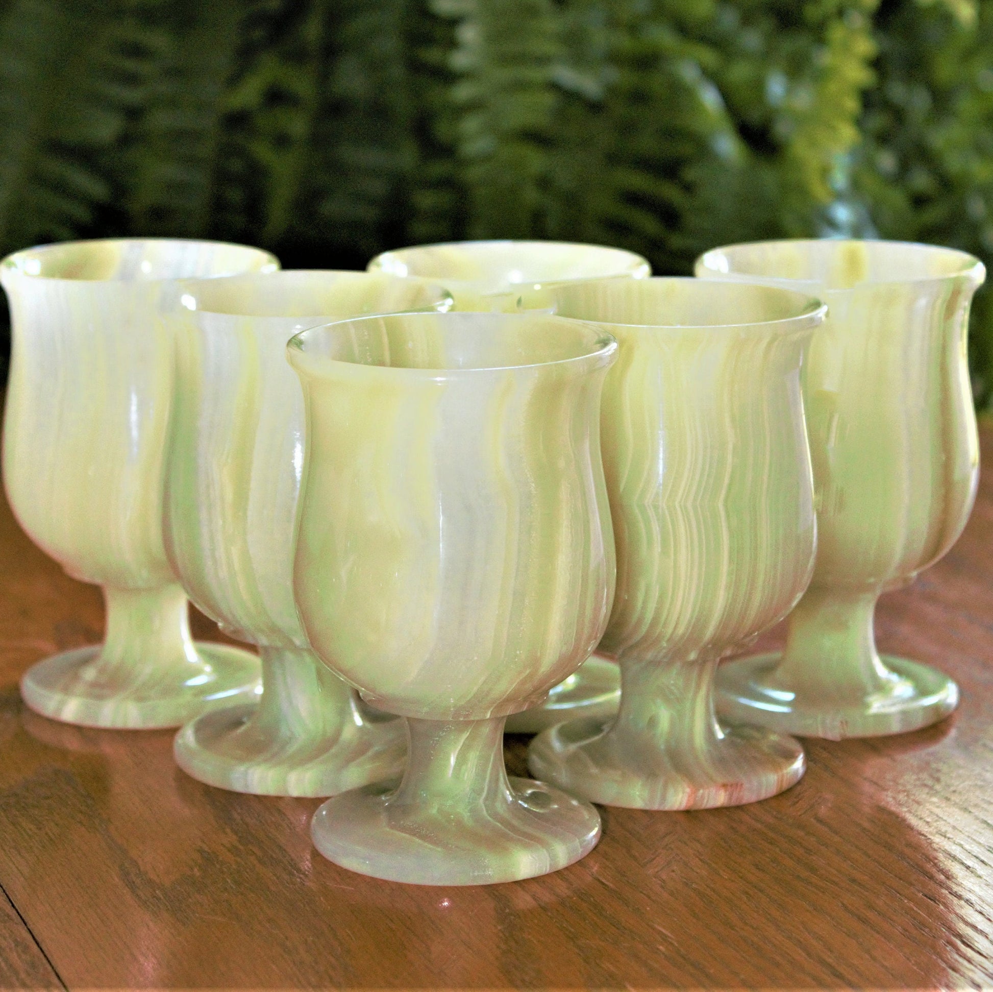 Handmade Green Onyx Marble Wine Goblet Set - 6 Stone Cups