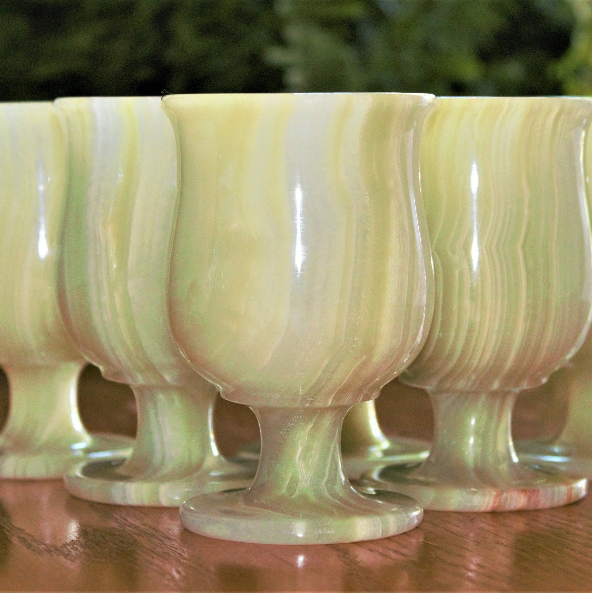 Handmade Green Onyx Marble Wine Goblet Set - 6 Stone Cups