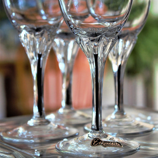 Vintage Belfor Crystal Cordial Glasses: Black Filament Stem, Esquisite Pattern, Set of 6