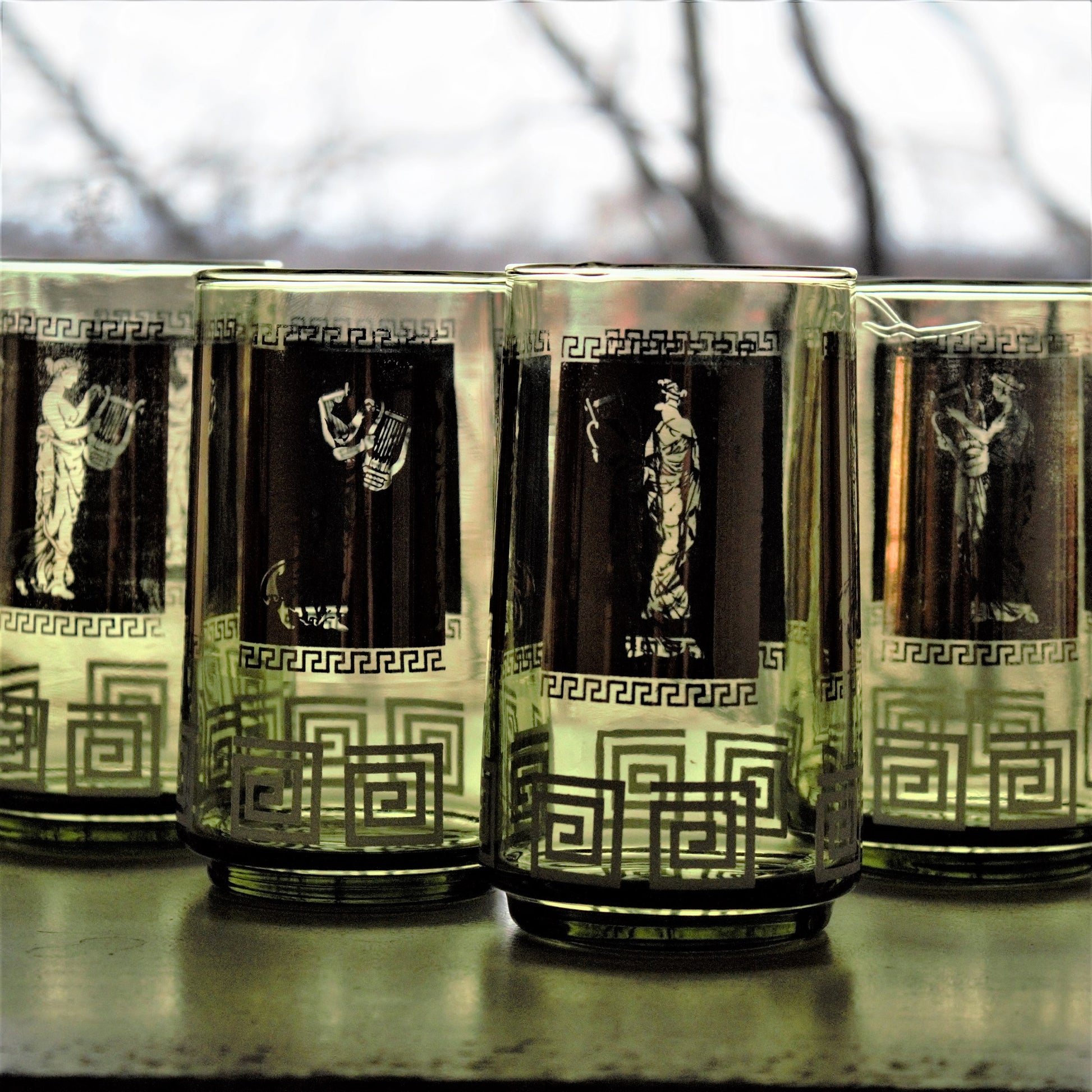 Vintage Green & Gold Tumblers, Greek Goddess Design, Set of 4
