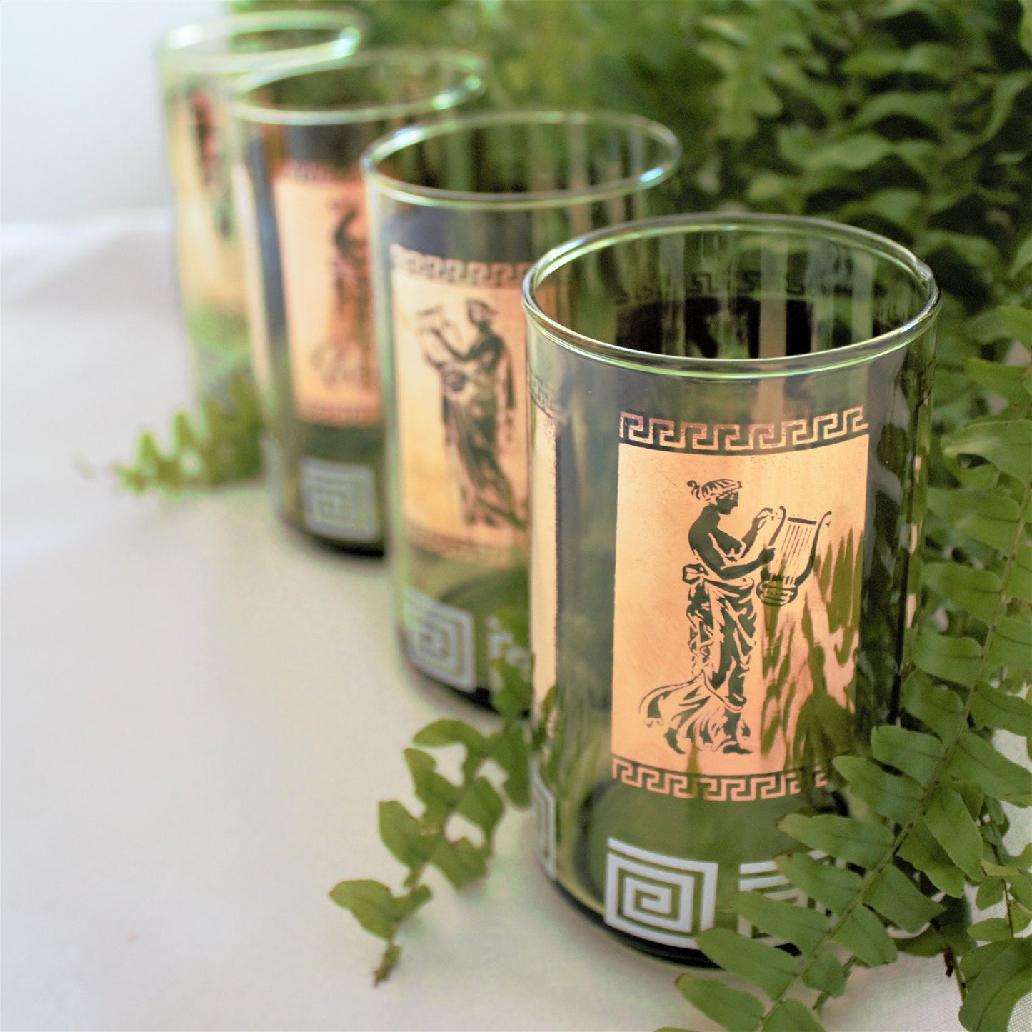Vintage Green & Gold Tumblers, Greek Goddess Design, Set of 4