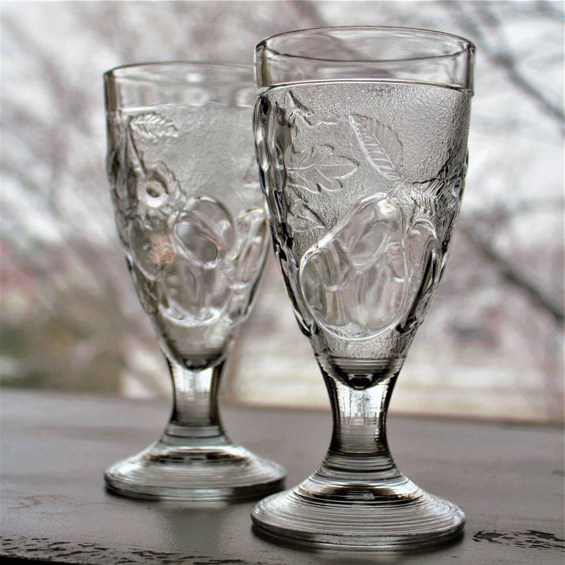 Vintage French Embossed Glass Tumblers - Set of 2 Fruit Motif