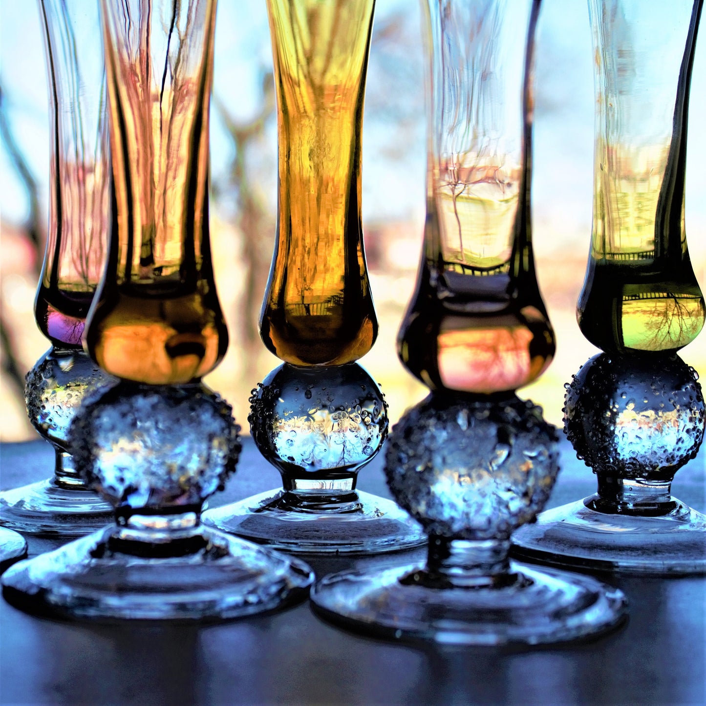 Hand Blown Bud Vases: Fused Glass with Ball Detail, Set of 7