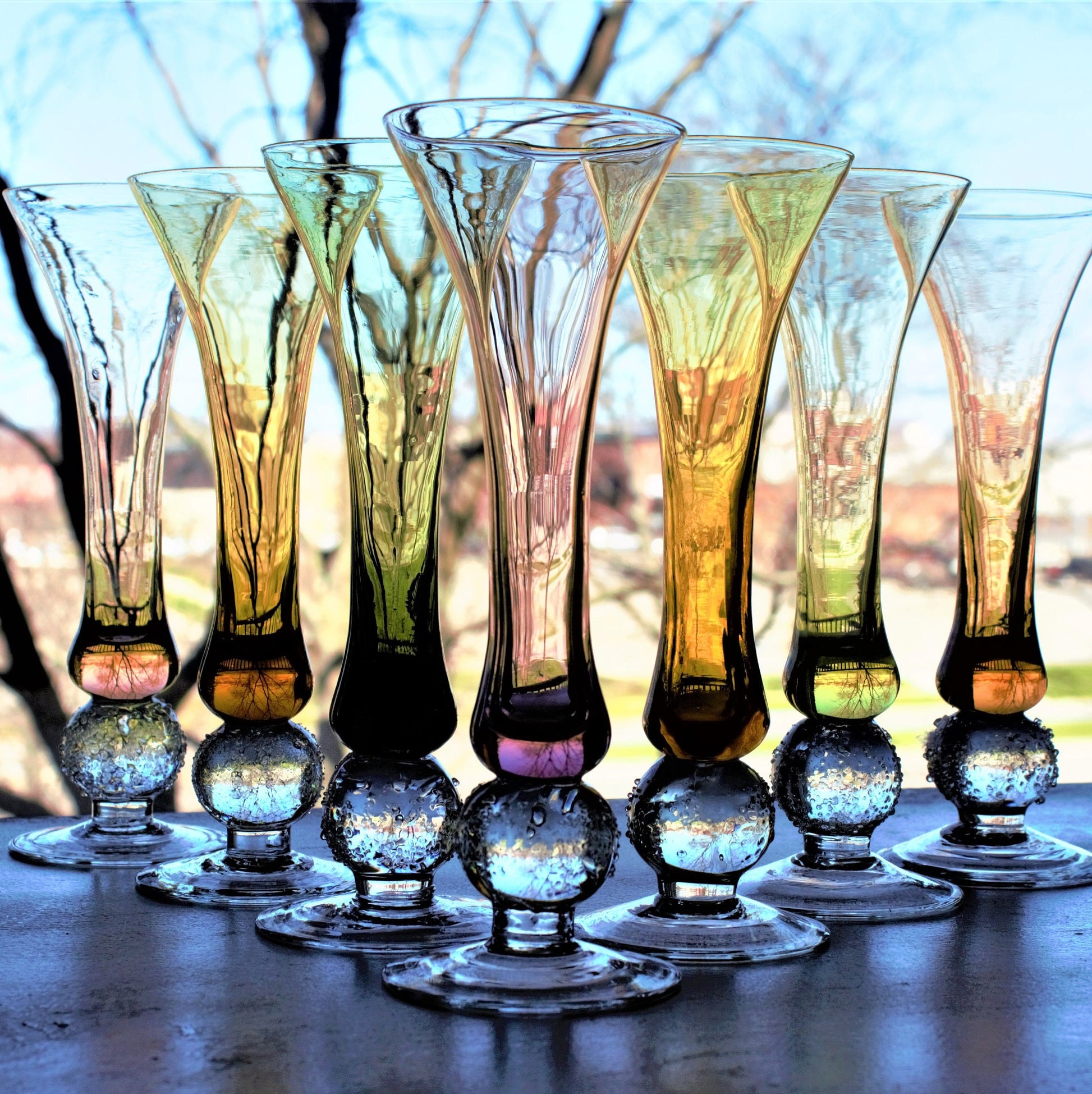 Hand Blown Bud Vases: Fused Glass with Ball Detail, Set of 7