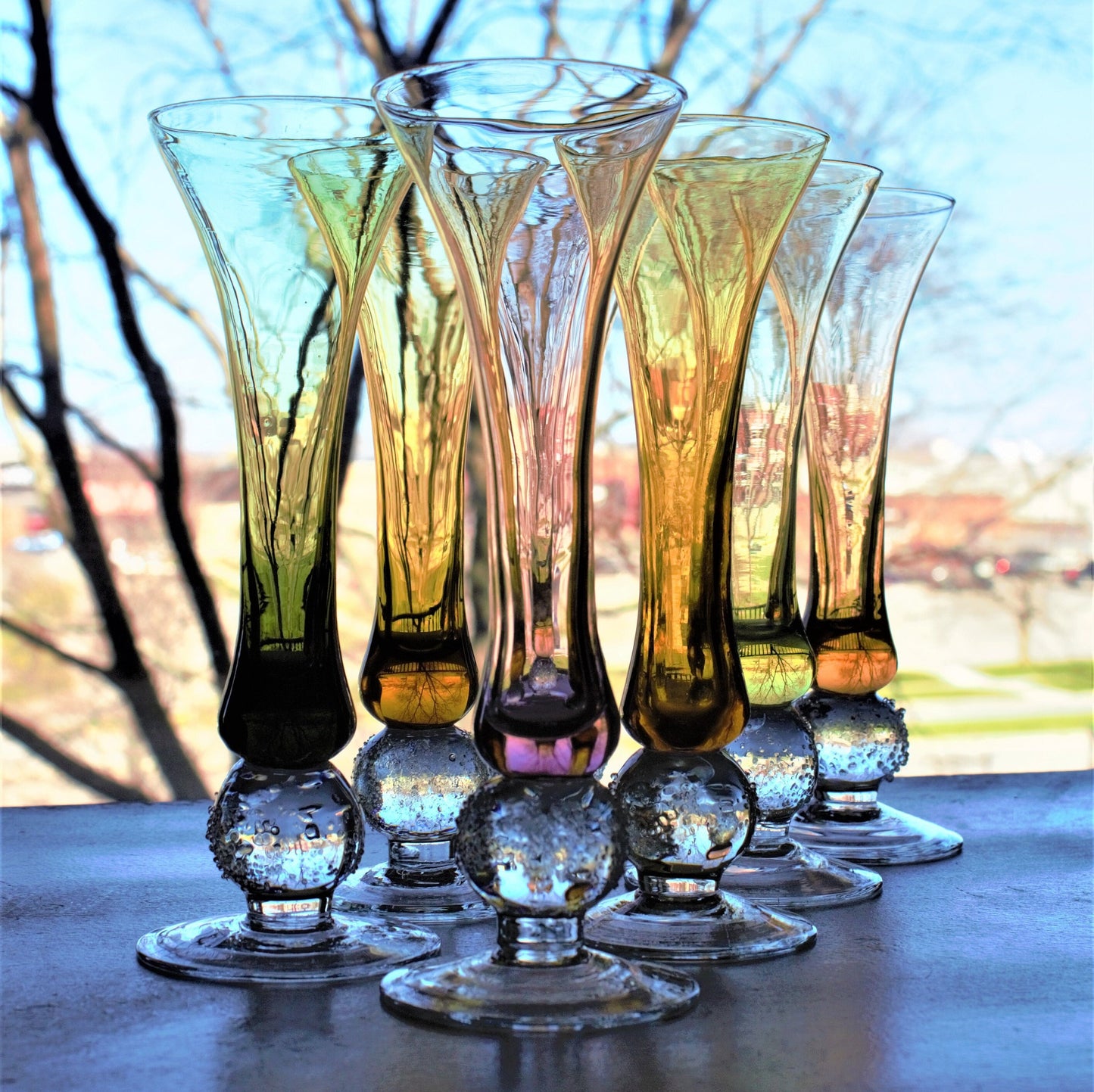 Hand Blown Bud Vases: Fused Glass with Ball Detail, Set of 7