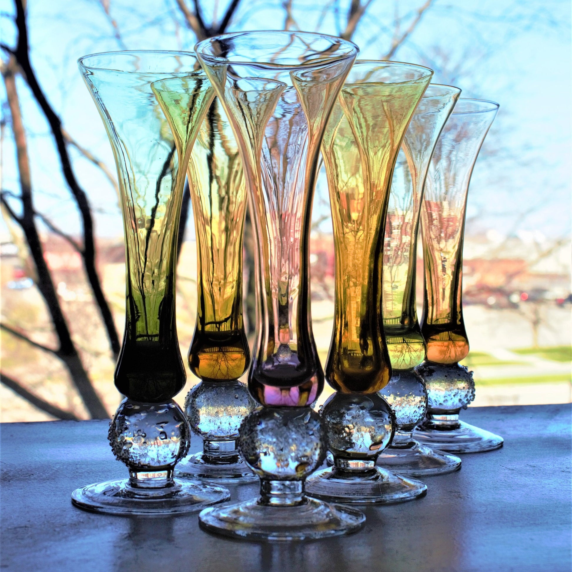 Hand Blown Bud Vases: Fused Glass with Ball Detail, Set of 7