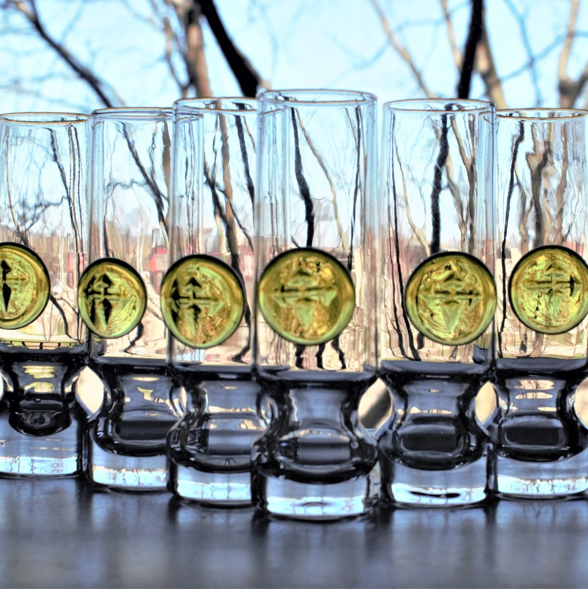 Holmegaard Viking Shot Glasses - Set of 6 Danish Glassware with Green Signet