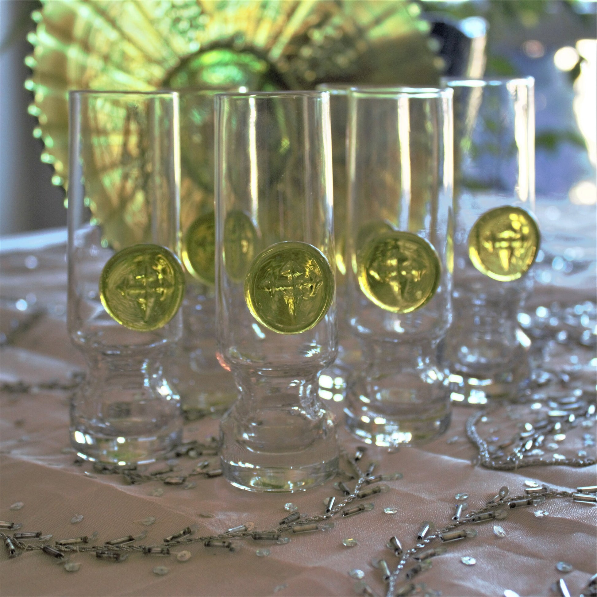 Holmegaard Viking Shot Glasses - Set of 6 Danish Glassware with Green Signet