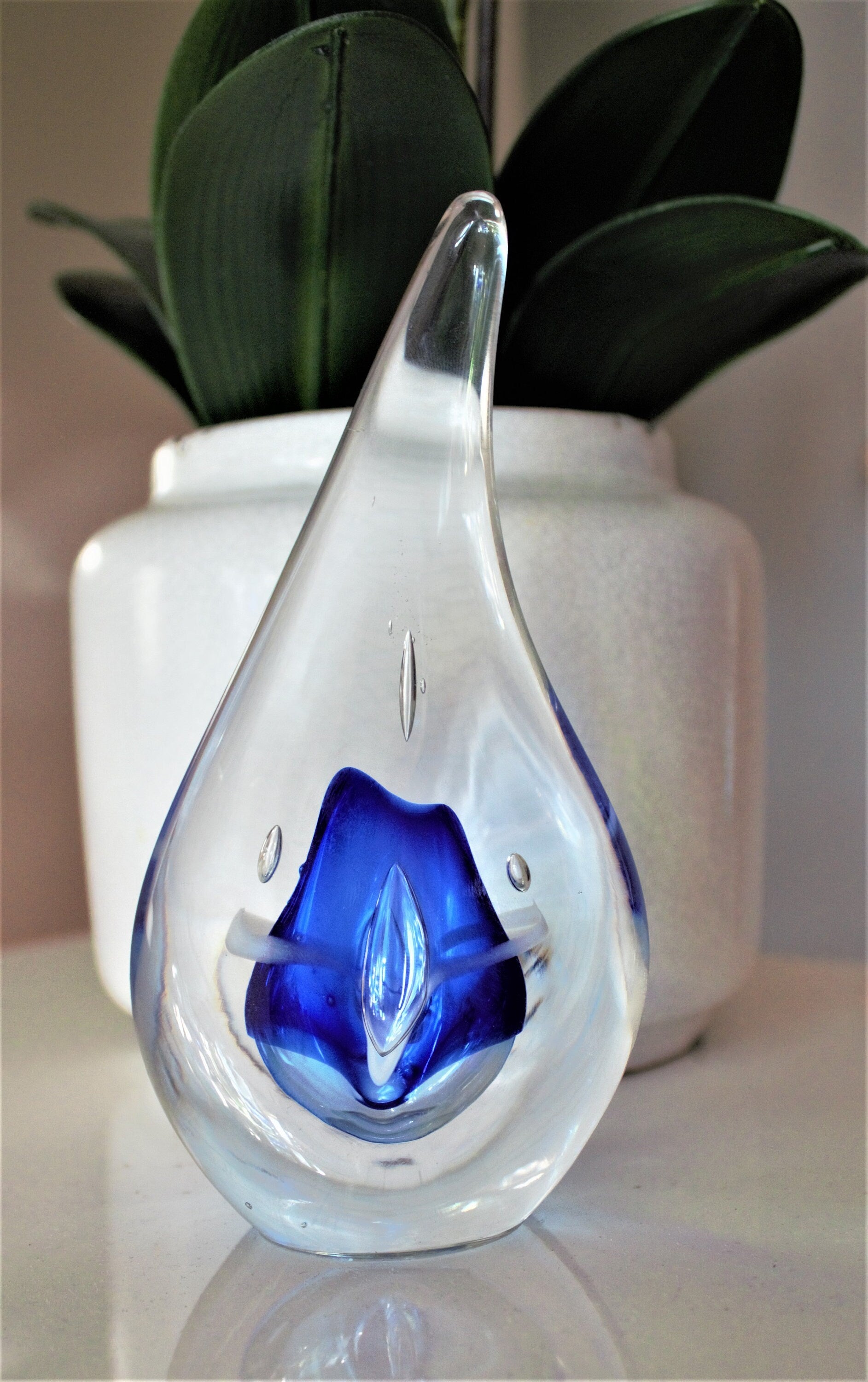 Adam Jablonski Art Glass Sculpture: Blue Teardrop Paperweight