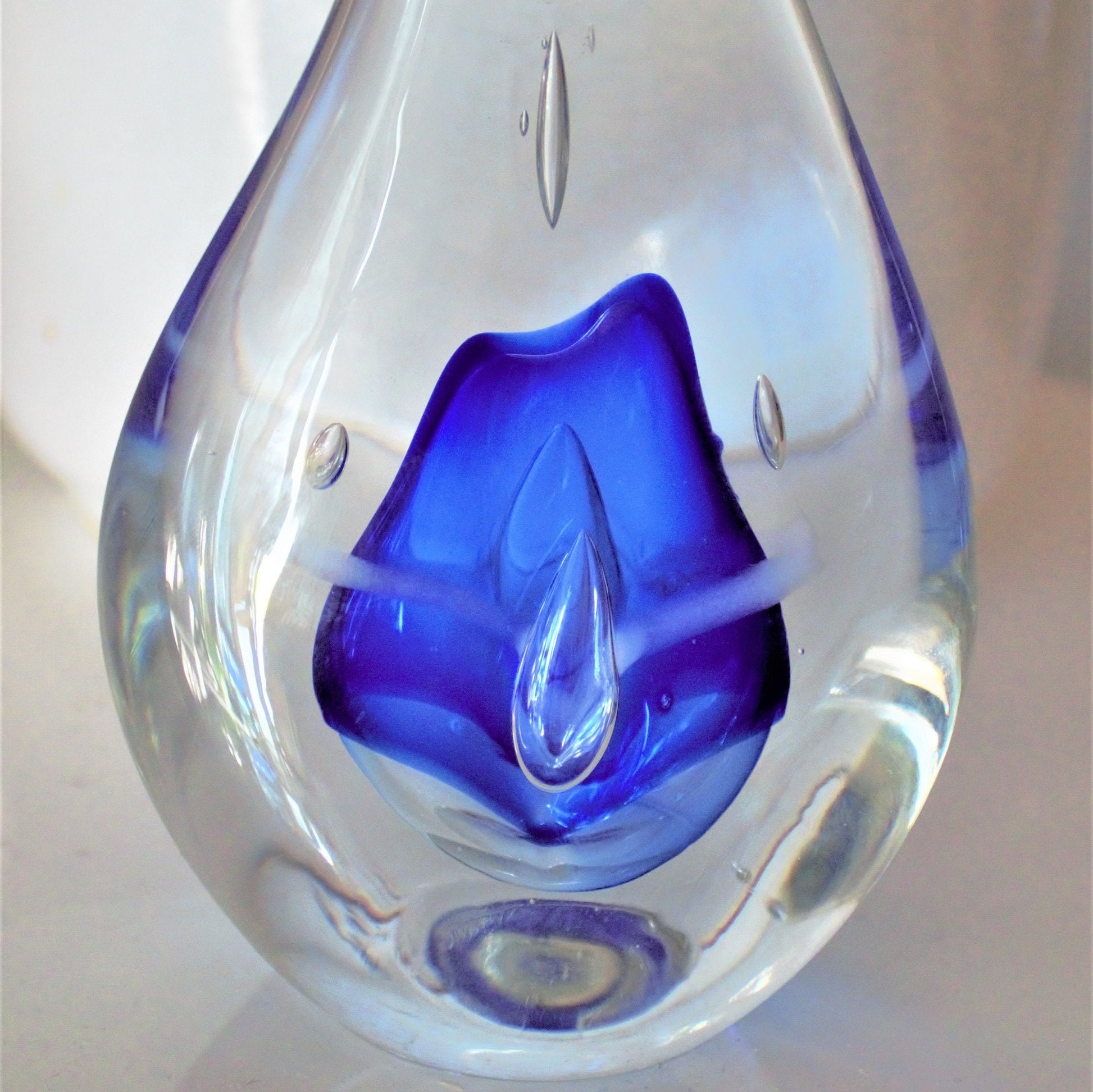Adam Jablonski Art Glass Sculpture: Blue Teardrop Paperweight