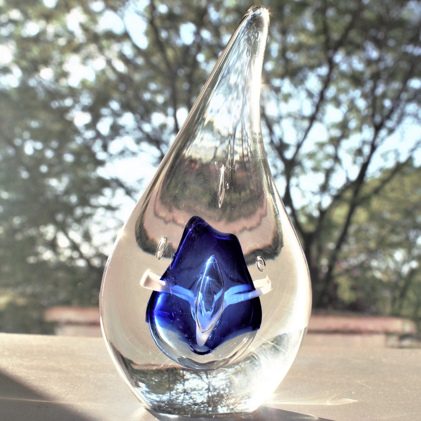 Adam Jablonski Art Glass Sculpture: Blue Teardrop Paperweight