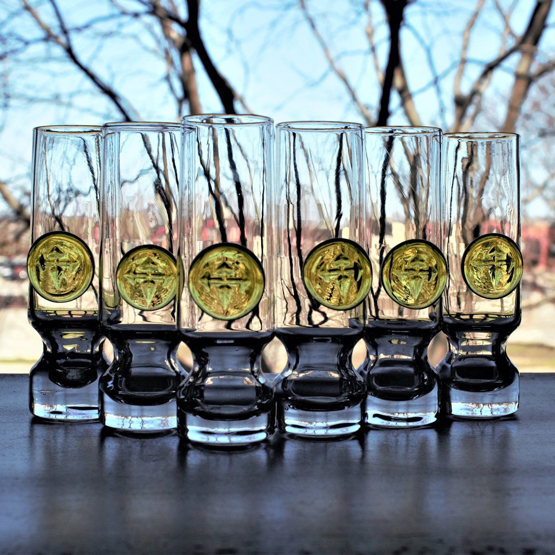 Holmegaard Viking Shot Glasses - Set of 6 Danish Glassware with Green Signet