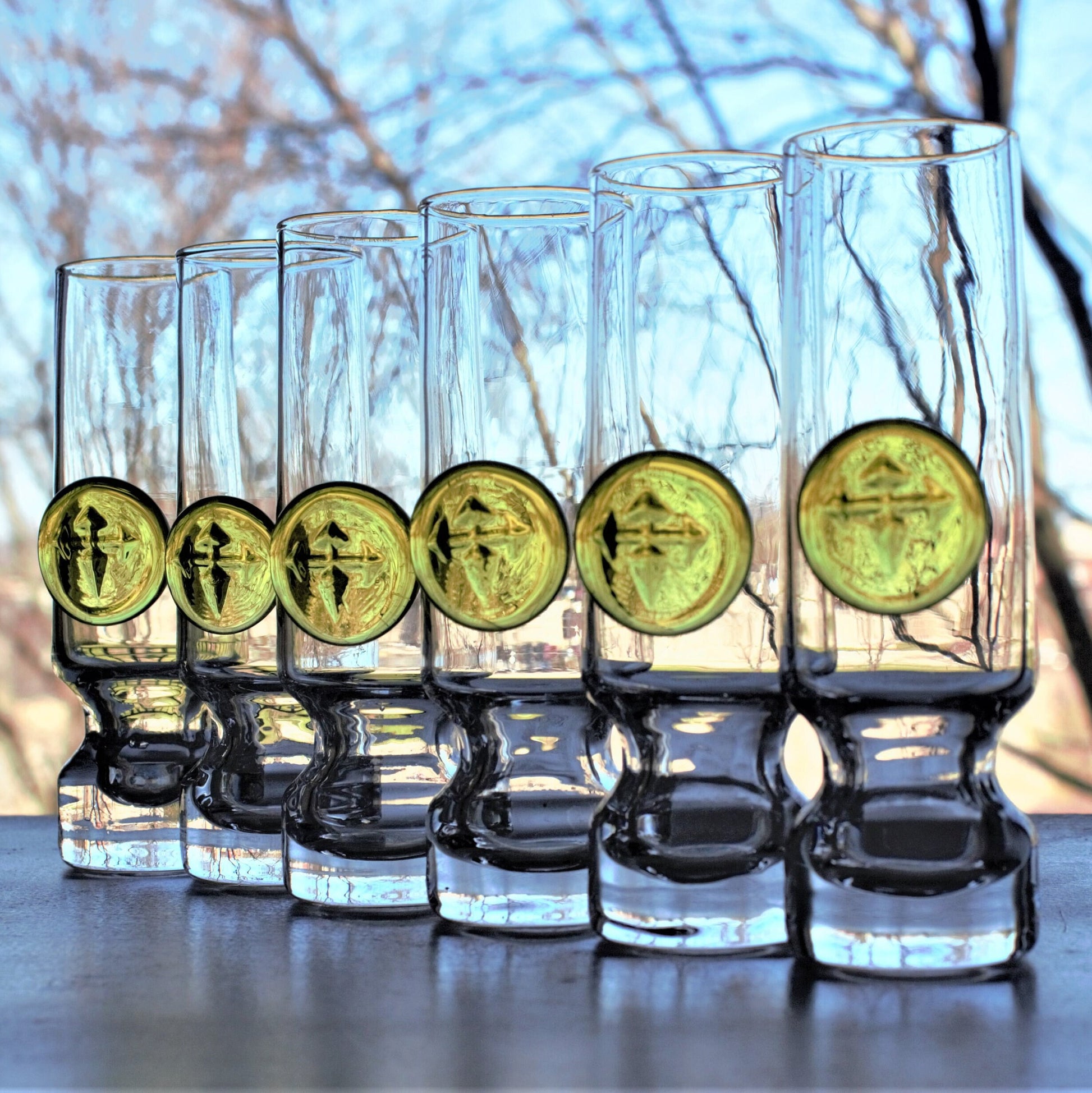 Holmegaard Viking Shot Glasses - Set of 6 Danish Glassware with Green Signet